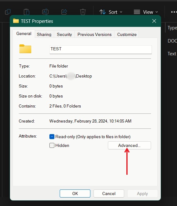 Clicking on Advanced button in folder properties window. 