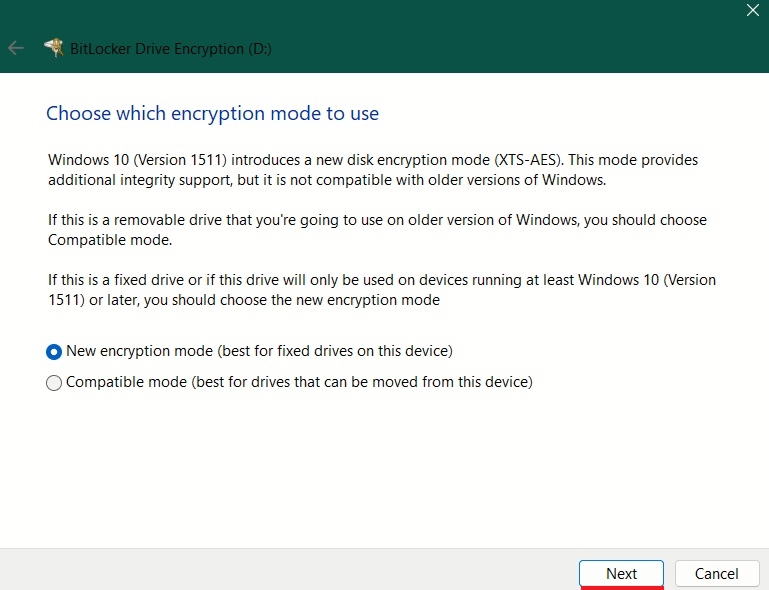 Selecting encryption mode in BitLocker wizard.