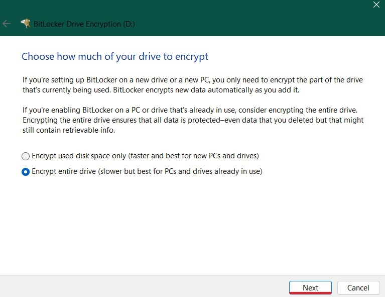 Opting whether to encrypt entire drive or not in BitLocker wizard.