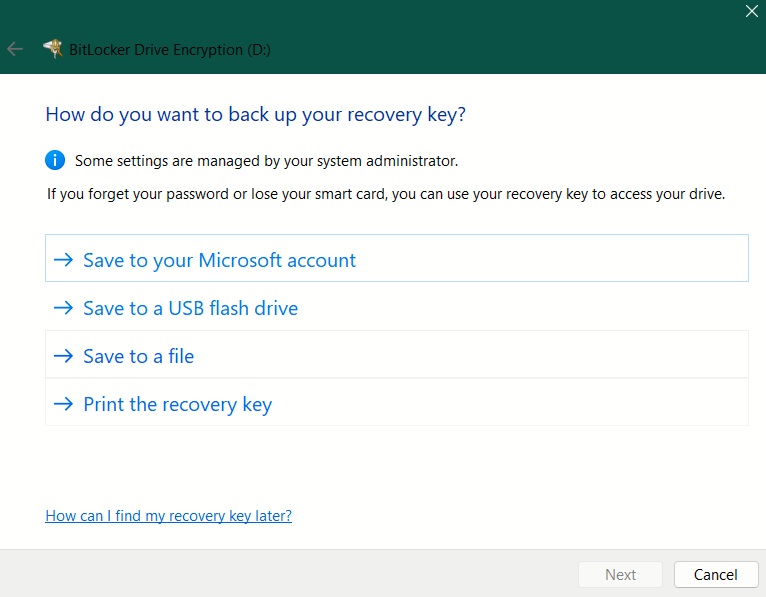 Selecting how you want to backup recovery key for BitLocker encrypted drive.