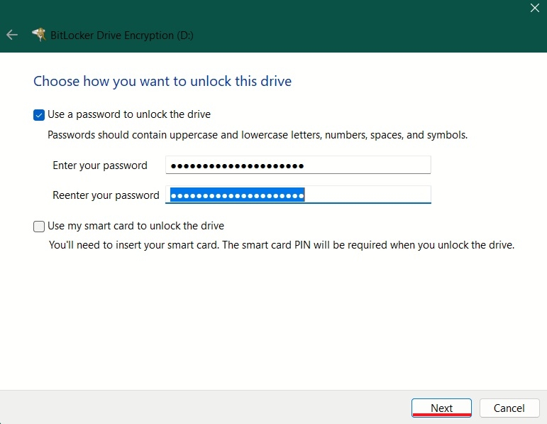 Enabling "Use a password to unlock drive" option in BitLocker wizard.