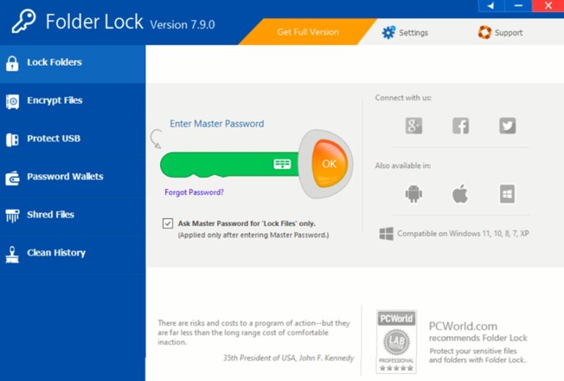 Setting a master password in Folder Lock. 