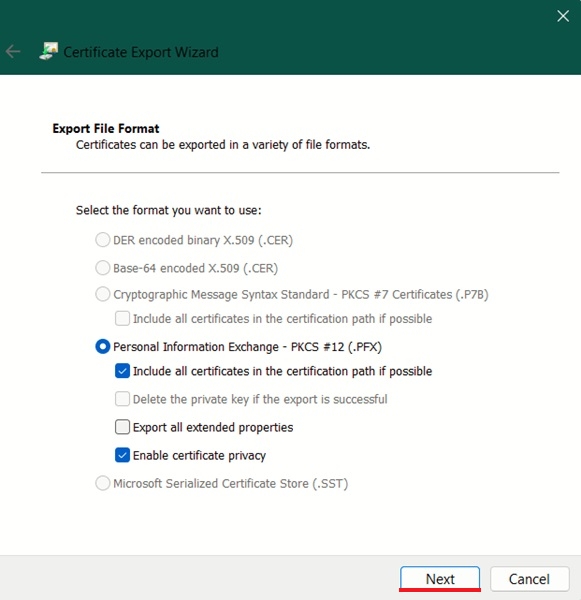 Adding export preferences in Certificate Export Wizard.
