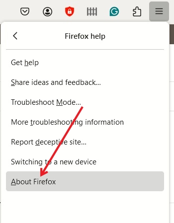 Clicking on "About Firefox" option in Firefox menu. 