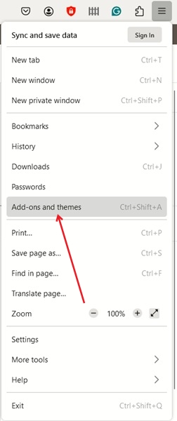 Clicking on "Add-ons and themes" in Firefox Settings.