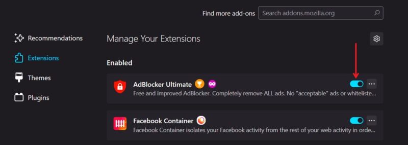 Disabling add-ons in Firefox.