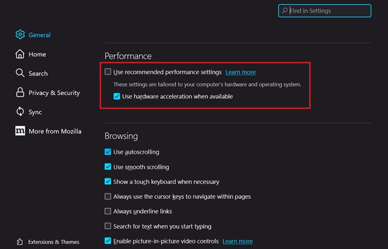 Enabling "Use hardware acceleration when available" in Firefox Settings. 