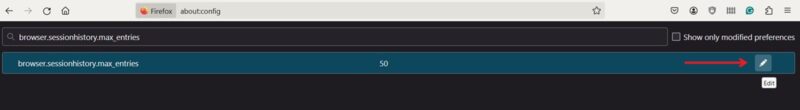 Clicking on pencil icon to modify variable in Firefox about:config page.