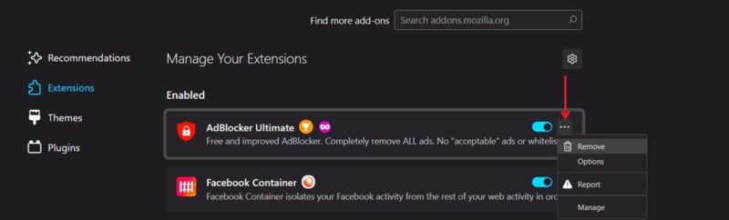 Removing extension from Firefox. 