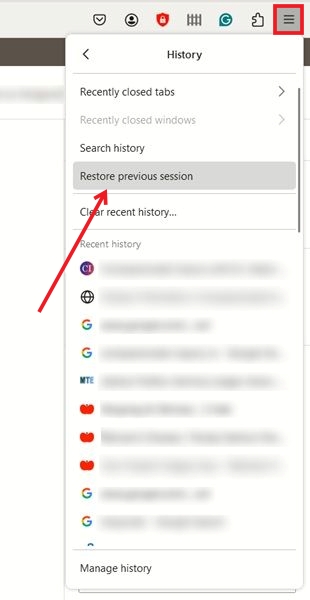Clicking on "Restore previous session" option in Firefox menu. 