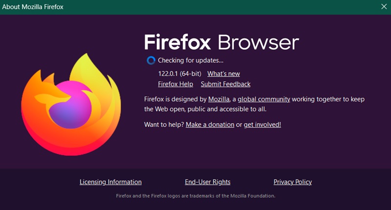 Firefox browser checking for updates. 