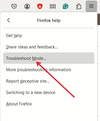 Clicking on "Troubleshoot Mode" option in Firefox menu. 