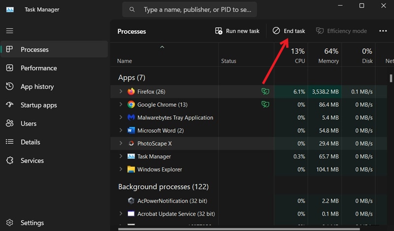 Ending Firefox task via Windows Task Manager.