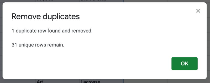 Duplicates found on Google Sheets