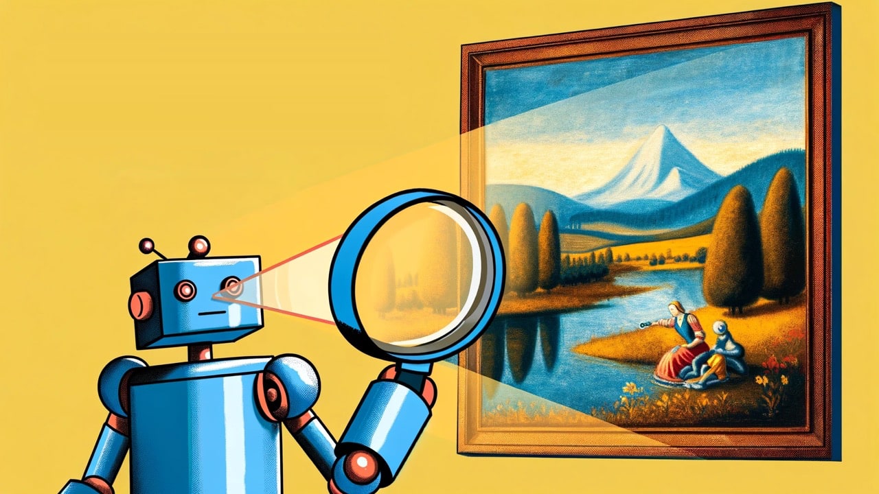 Robot Look At A Painting Through Magnifying Glass