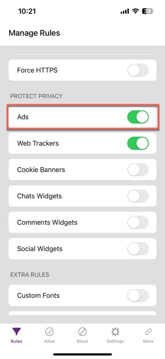Safashield screenshot showing the Ad Blocking Option