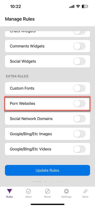 safashield screenshot showing the option to block porn websites