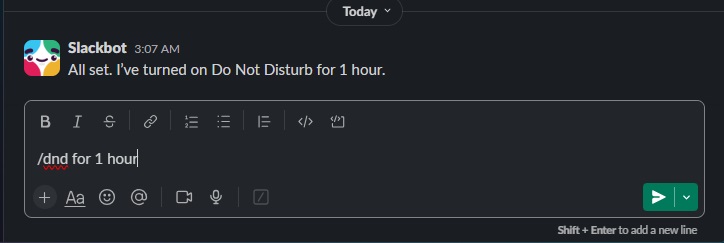 Setting do not disturb for one hour using dnd command.