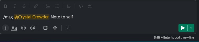 Sending a message to myself using the msg command in Slack.