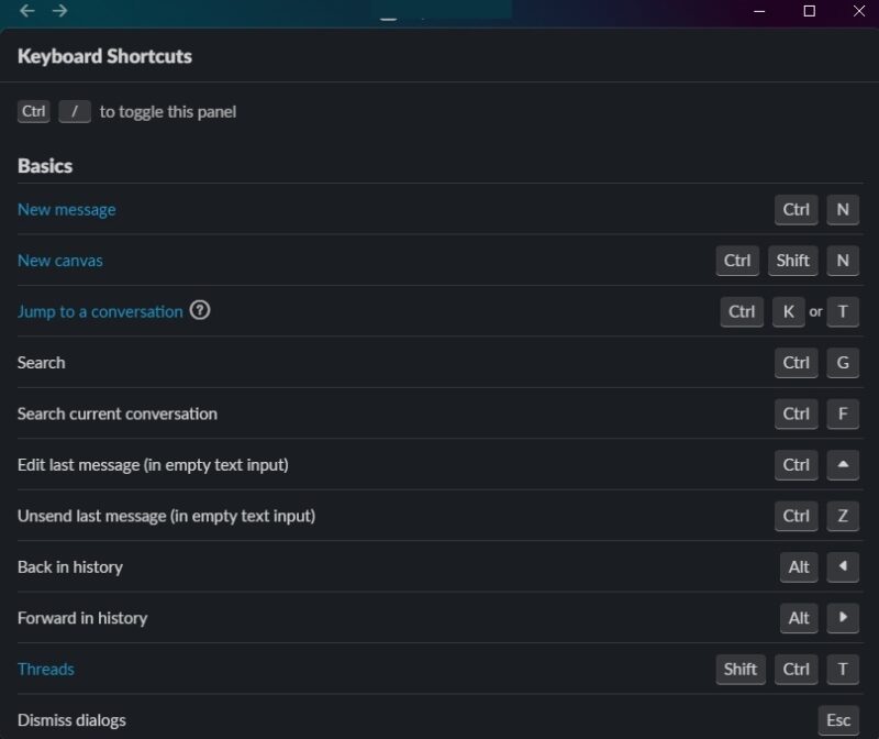 Slack's list of keyboard shortcuts.