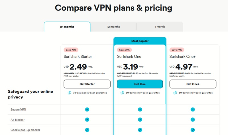 Surfshark VPN plans and pricing available.