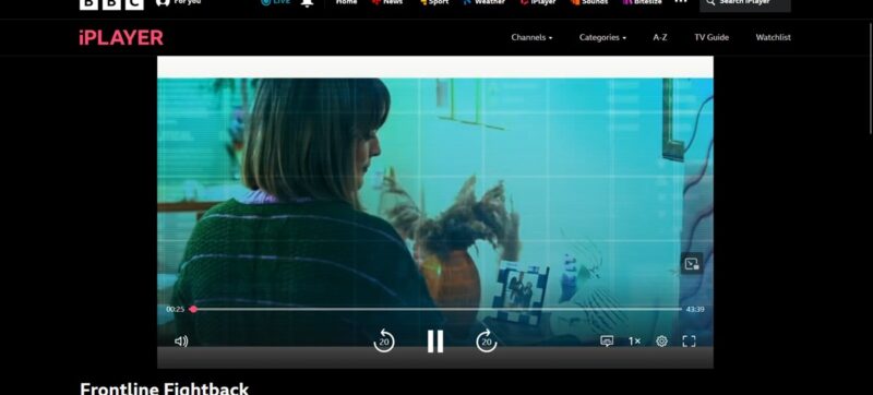 BBC iPlayer playing content with Surfshark running.