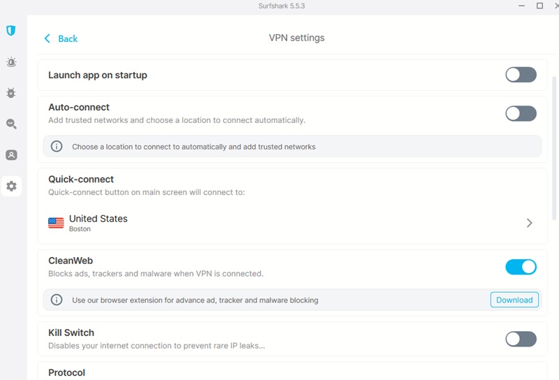 Enabling CleanWeb ad-blocker in SurfShark VPN app for Windows.
