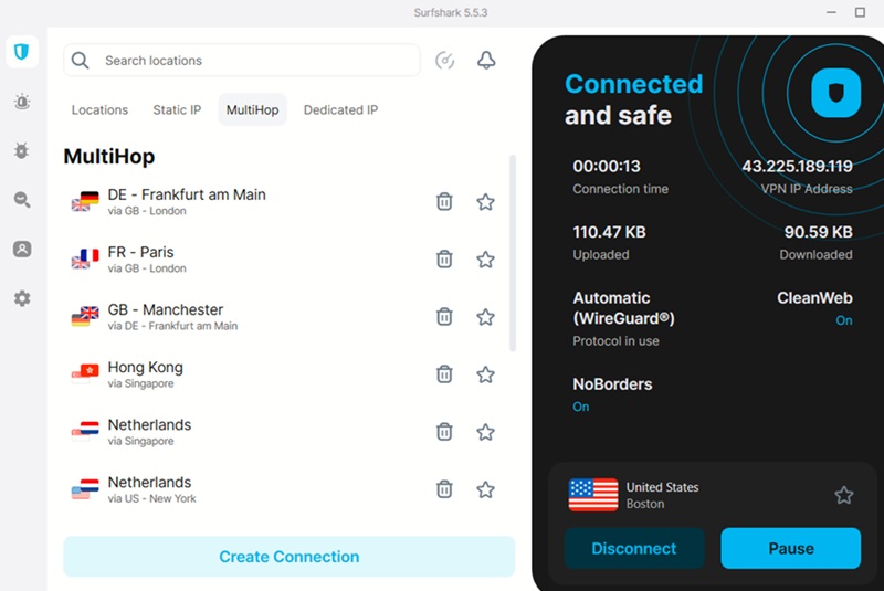 MultiHop option in Surfshark VPN app for Windows.