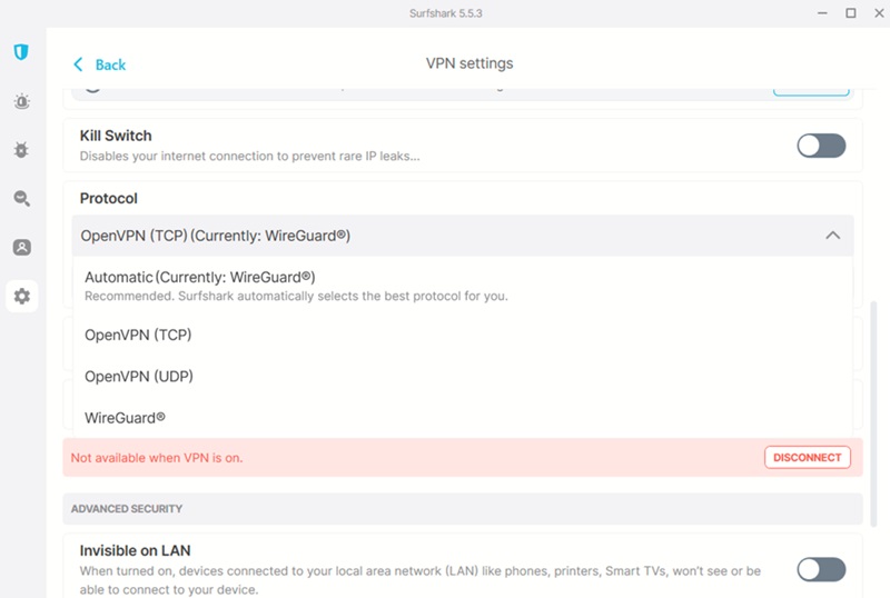 Switching Protocol type in Surfshark app for Windows.