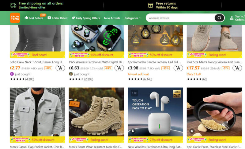 Items for sale on Temu app.