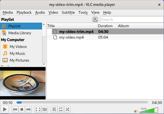 A screenshot of the VLC media player showing a comparison between the original video and its trimmed copy.