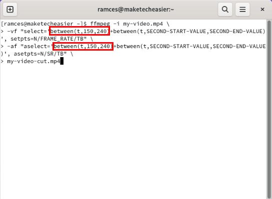A terminal highlighting the modified first cut time for the FFmpeg command.