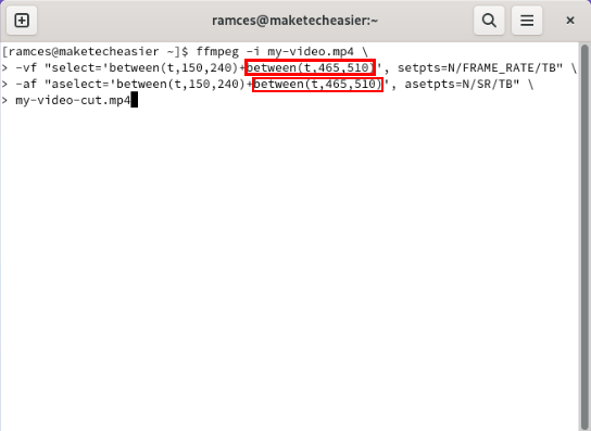 A terminal highlighting the modified second cut time for the FFmpeg command.