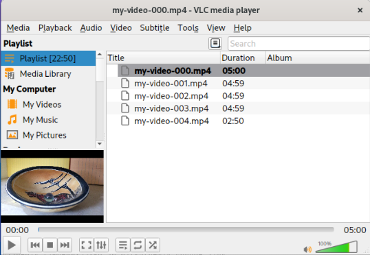 A screenshot of the VLC media player showing the uniform cuts on a single video file.