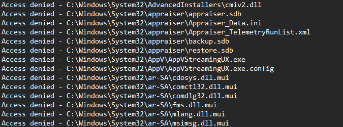 A logfile showing Access Denied errors in the attrib command, working normally