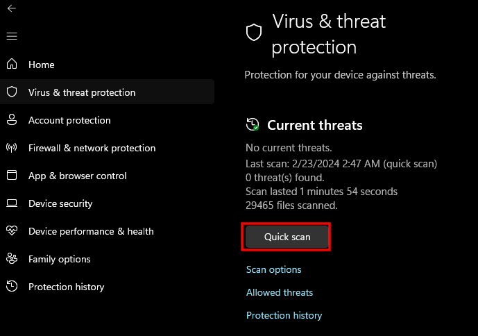 Quick scan button hi lighted with Windows Defender