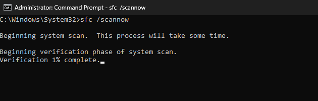 A system file checker (sfc) scan being performed on a Windows system
