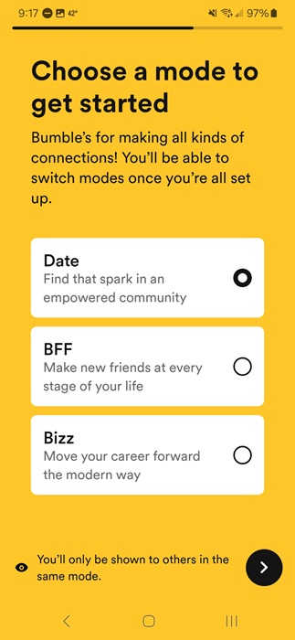 Bumble's three main options for meeting new people.