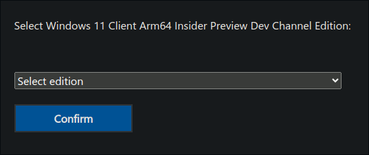 A screenshot of the Windows 11 ARM download dropbox in the Windows Insider website.