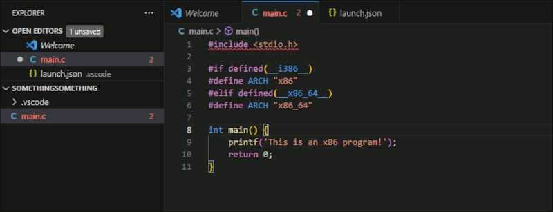 C code defining x86 architecture and announcing that it is an x86 program.