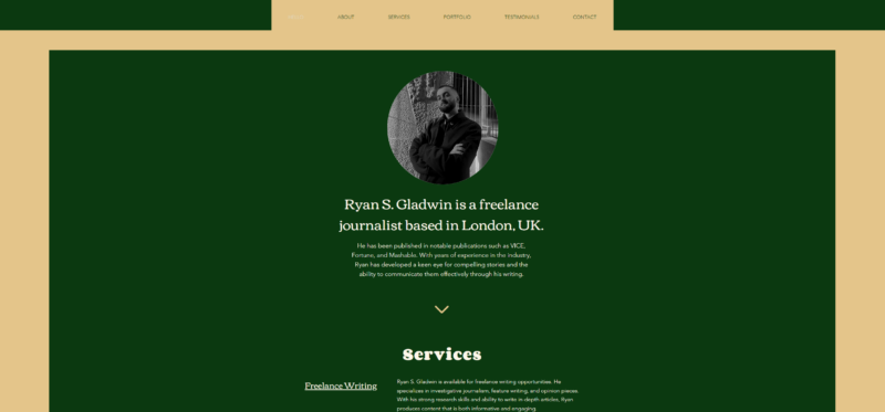 Portfolio website with picture of Ryan S. Gladwin in the centre. Under is text describing who Ryan S. Gladwin is and who he has written for.
