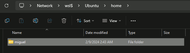 File explorer showing home folder for the default WSL distribution