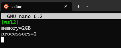 Nano editor open with memory/CPU limitations configured for WSL