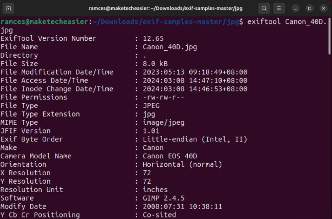A terminal showing the default output for ExifTool when ran with a command.