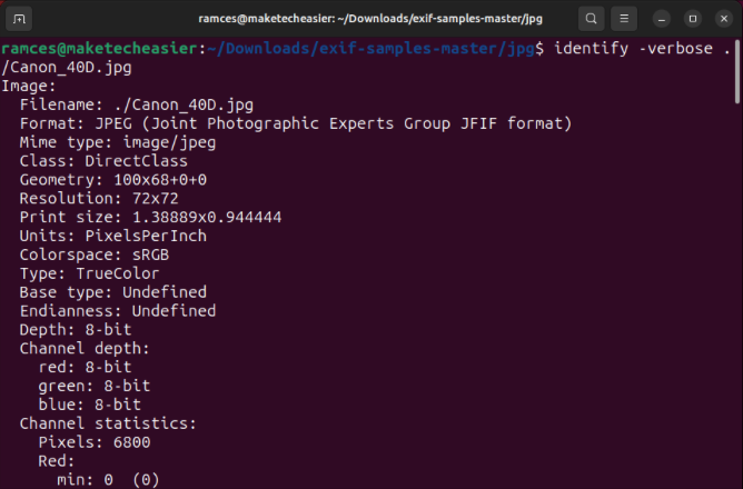 A terminal showing ImageMagick's identity utility.