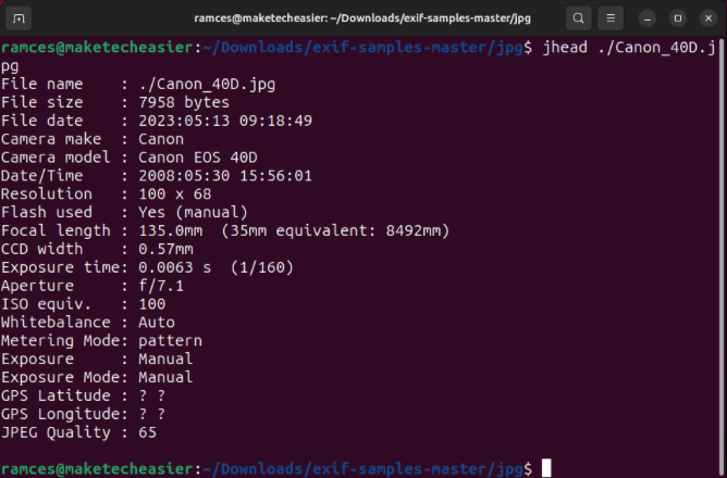 A terminal showing the default output of the jhead utility while opening  an image file.