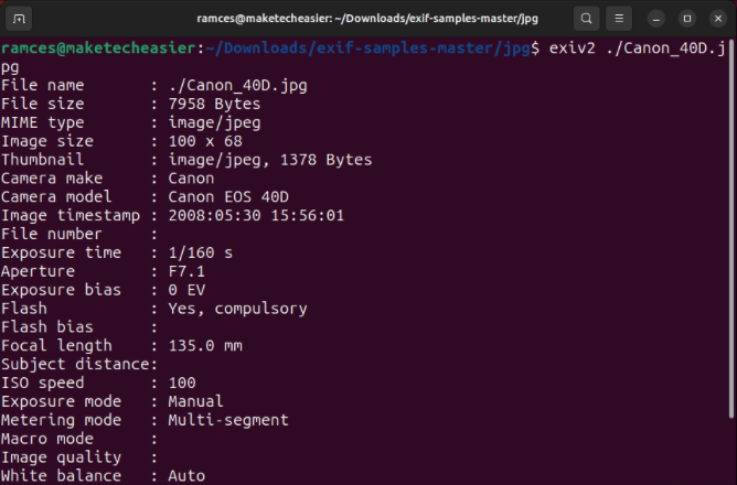 A terminal showing the default output of the Exiv2 utility while loading an image file.
