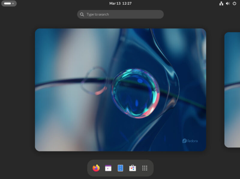 A screenshot of the default Fedora desktop.
