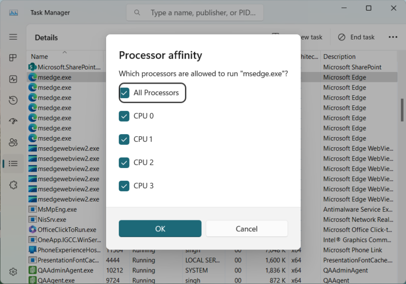 Choose processor affinity in Task Manager