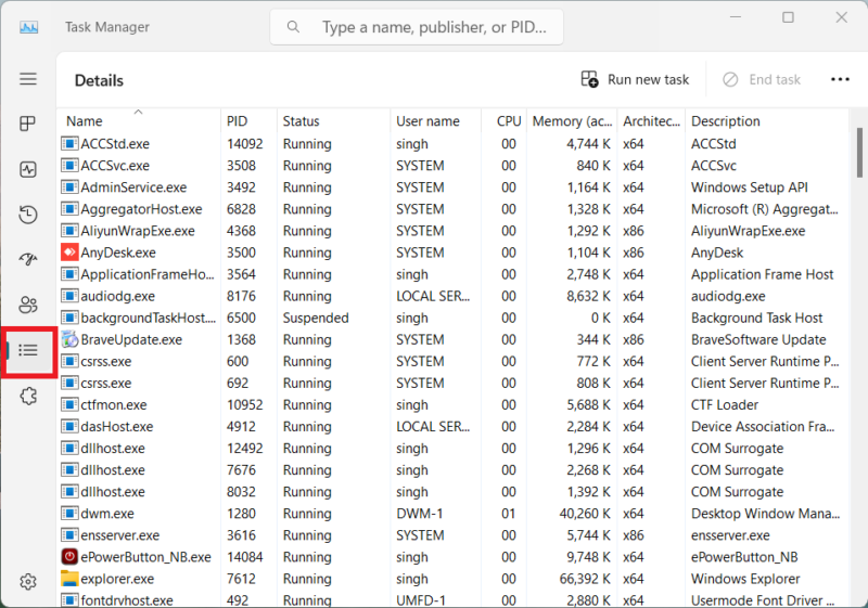 Task Manager processes list